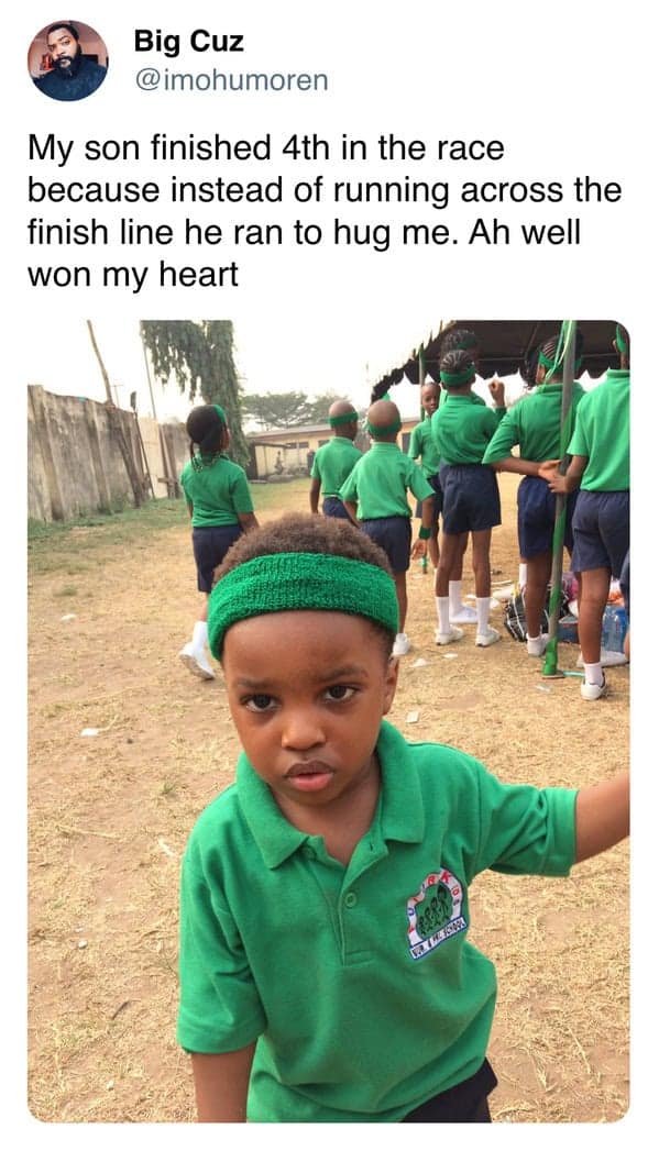 A father's heartwarming tweet about his young son losing a race to run over and hug him.