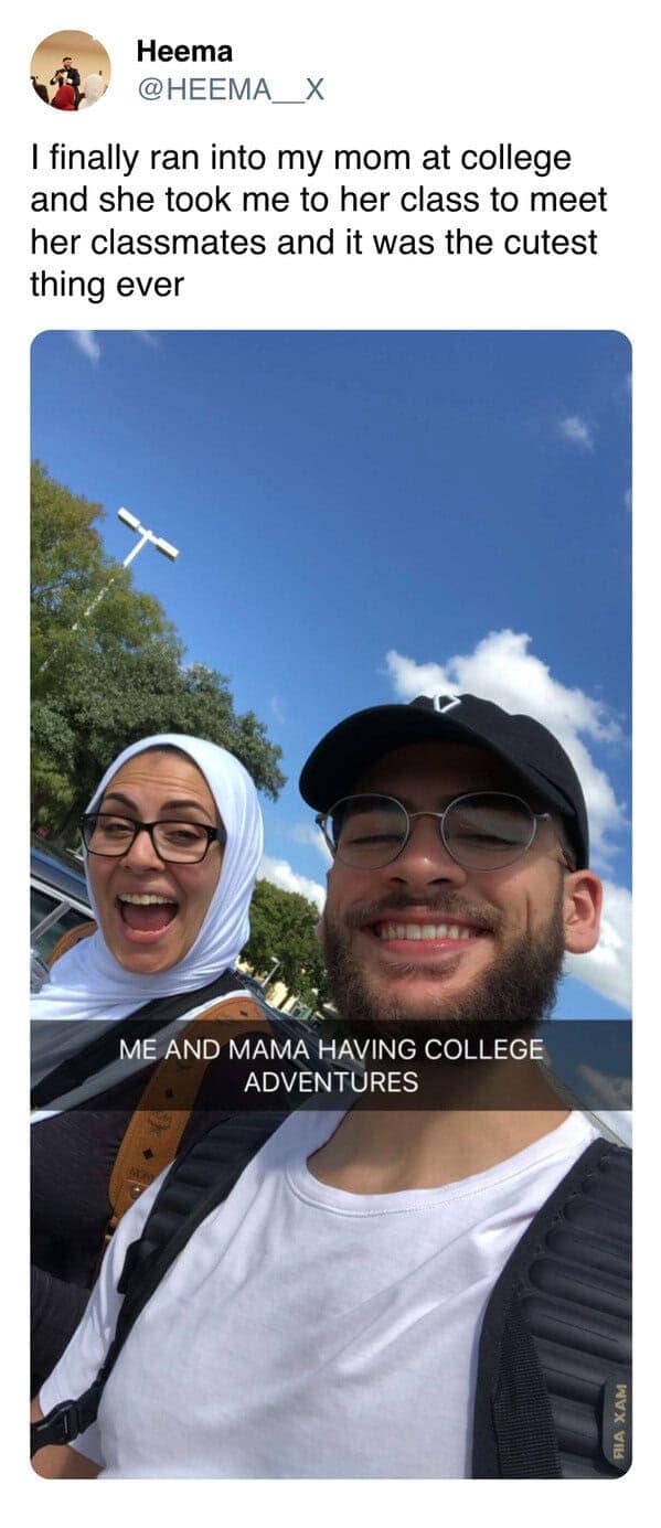 A college student shares a happy selfie with his mom, who he ran into at the college they both attend.