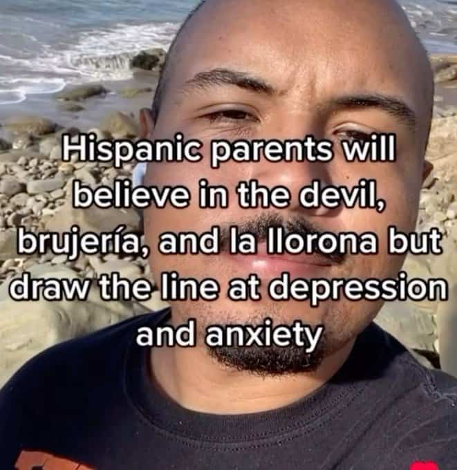 A funny and relatable TikTok meme about Hispanic parents believing in the supernatural but not in modern mental health issues.