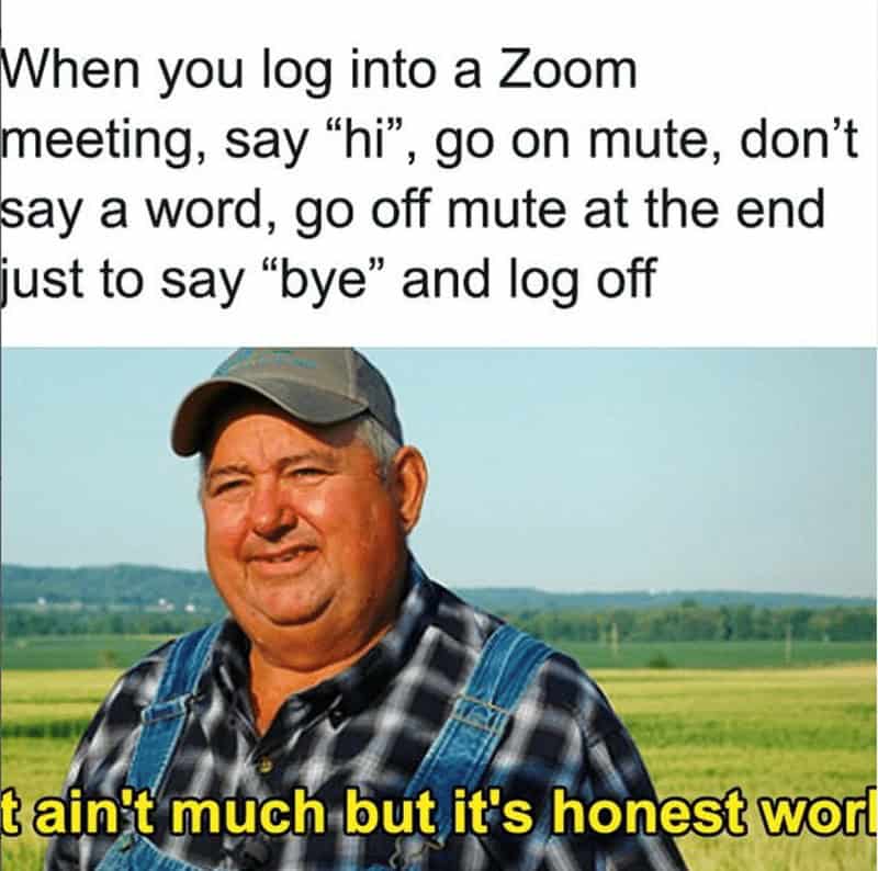 Farmer image paired with text about joining a Zoom, saying “hi,” muting, and only unmuting to say “bye.”