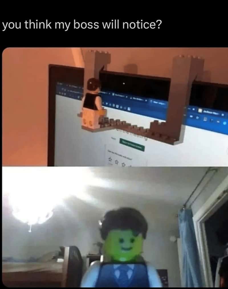 LEGO build around a monitor webcam; the meeting view shows a minifigure “avatar” instead of a real face.