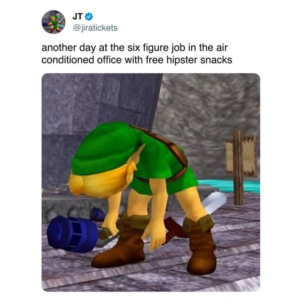 Zelda screenshot work tweet: exhausted Link slumps despite a cushy six-figure office job with hipster snacks.