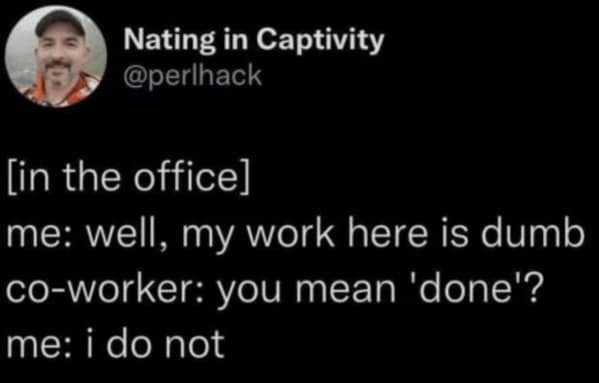 A work meme from a funny work tweet where someone clarifies that their work is "dumb," not "done."