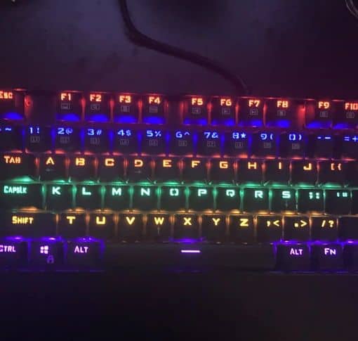 A backlit RGB gaming keyboard where all of the letter keys have been confusingly and frustratingly rearranged into alphabetical order instead of QWERTY.
