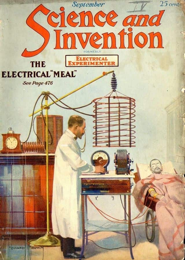 A strange 1920s prediction of the future illustrating the concept of an "electrical meal" administered by a scientist.