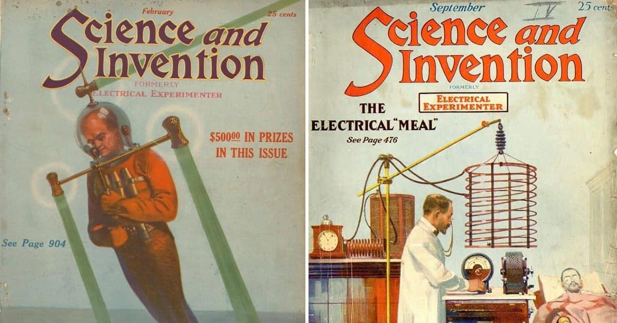 A collage of magazine covers showing wild and imaginative 1920s predictions of the future from 'Science and Invention'.