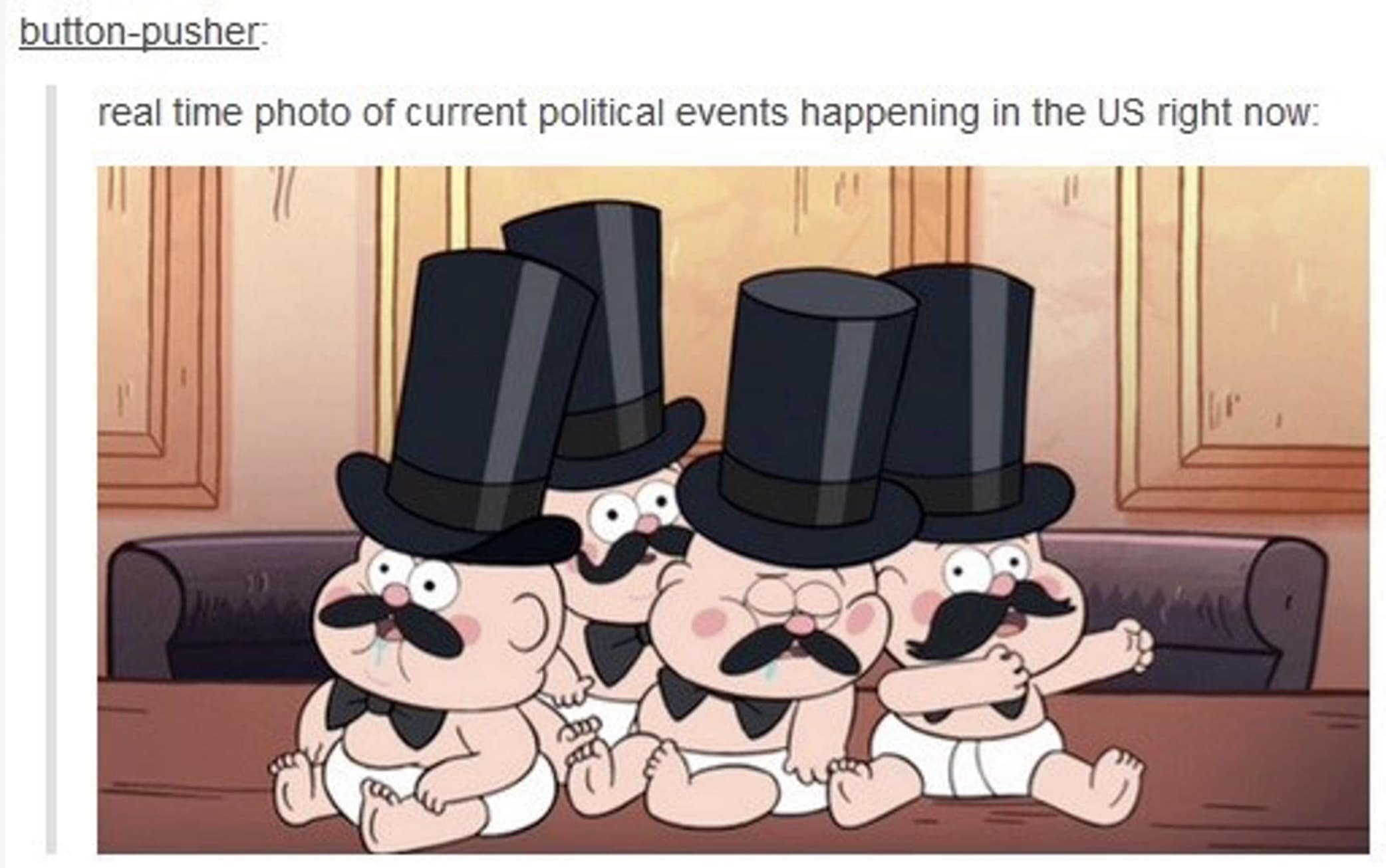 A US government shutdown meme using a picture of babies in top hats from Gravity Falls to satirize US politics.