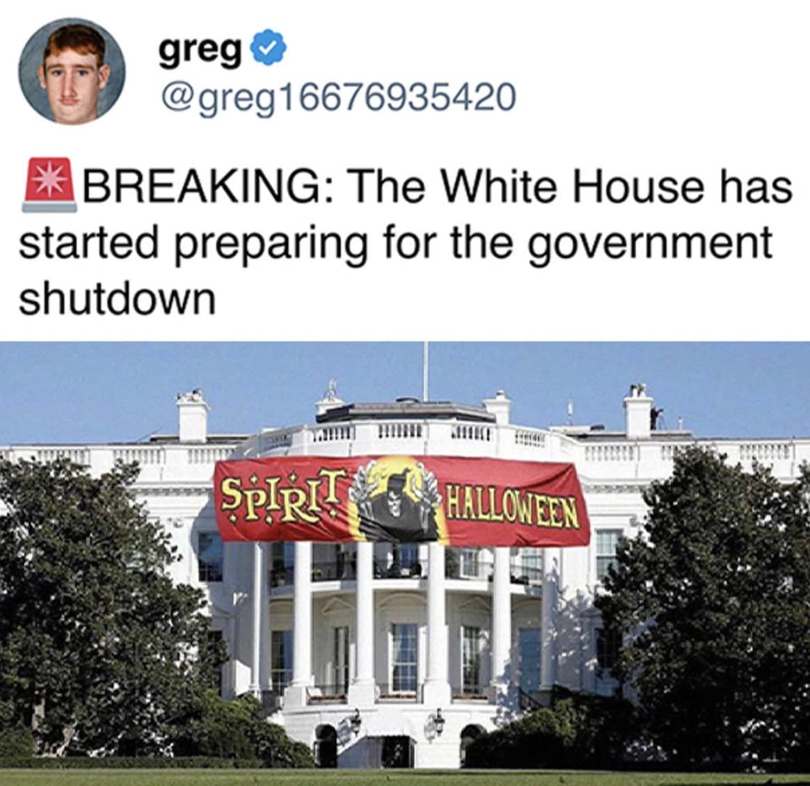 A hilarious 2025 government shutdown meme showing the White House with a giant Spirit Halloween banner on the front.