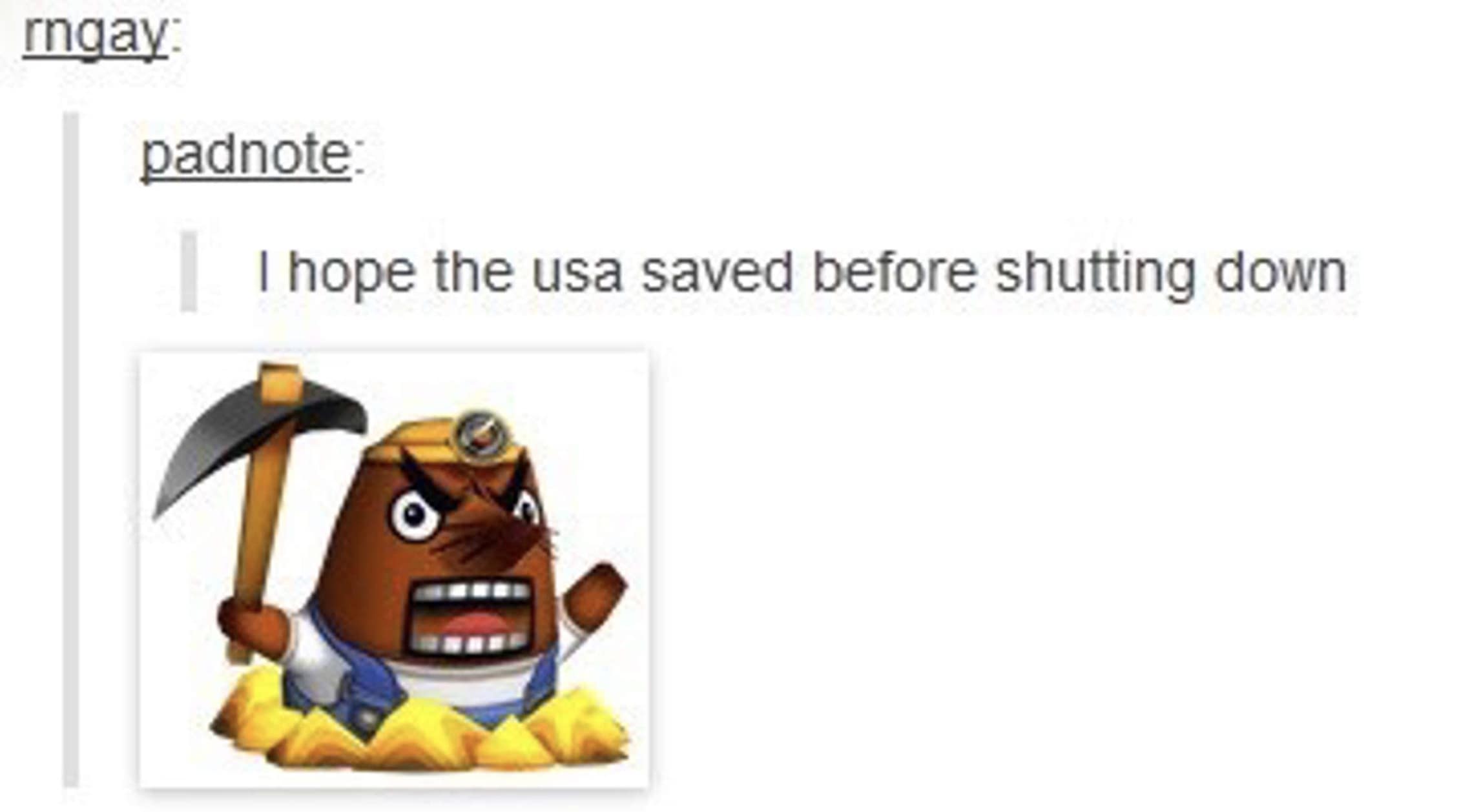 A funny 2025 government shutdown meme using Mr. Resetti from Animal Crossing to ask if the USA saved its game.