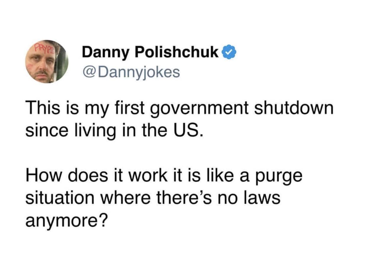 A funny 2025 government shutdown meme from a new US resident asking if the shutdown is like The Purge.