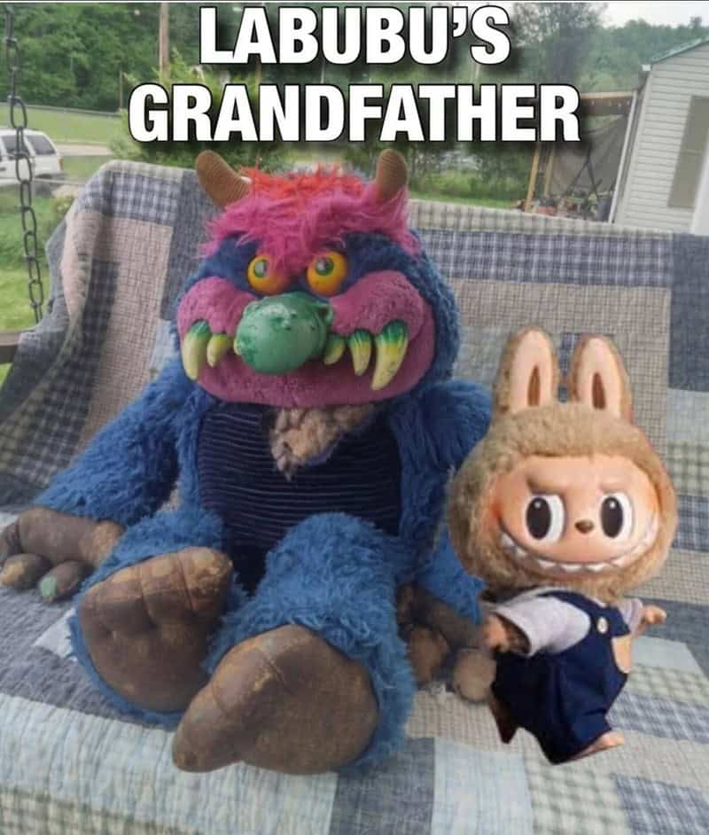 A funny meme comparing the classic "My Pet Monster" toy from the 80s to the modern designer toy Labubu.