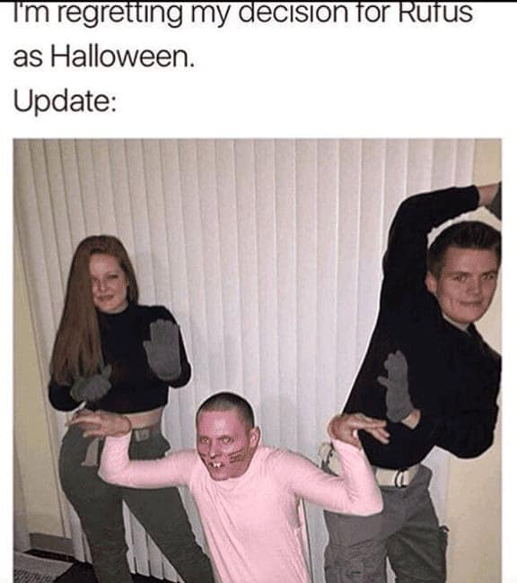 A funny and cursed 90s Halloween meme of a Kim Possible group costume with a scary Rufus.