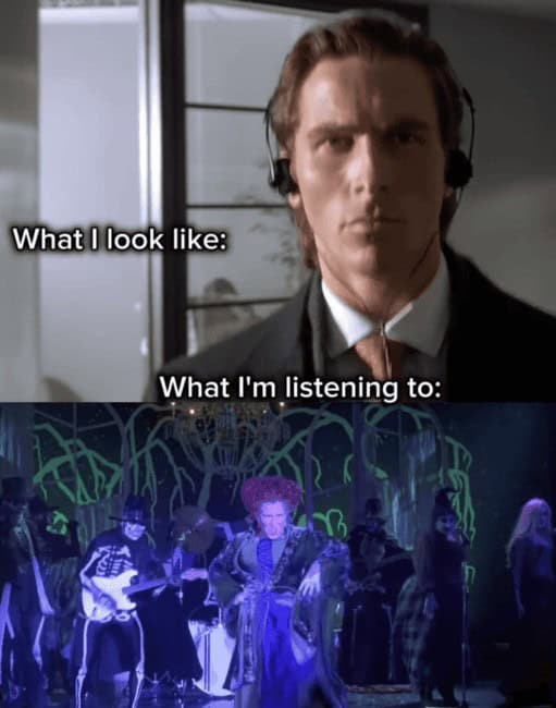 A funny 90s Halloween meme comparing Patrick Bateman listening to Bette Midler's Hocus Pocus song.