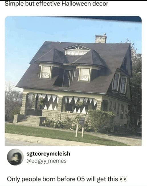 Simple house decorations referencing the spooky animated movie Monster House for Halloween nostalgia.