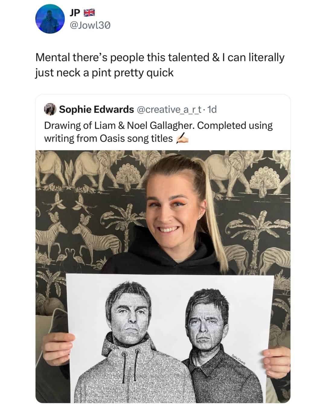 A funny British tweet reacting to an amazing drawing of the Gallagher brothers from Oasis with self-deprecating humour.