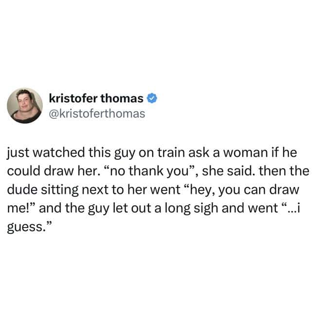 A funny British tweet telling a wholesome and very awkward story about a man being reluctantly drawn on a train.
