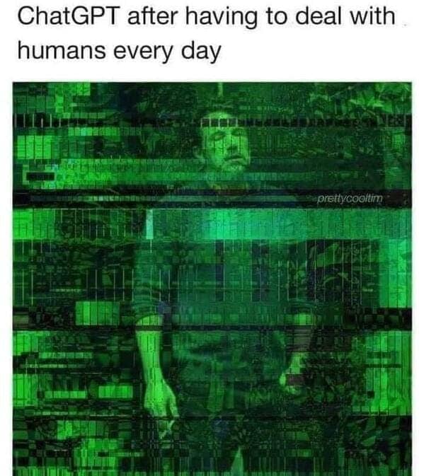 A glitchy image of a stressed man, one of the many funny ChatGPT memes about dealing with humans.