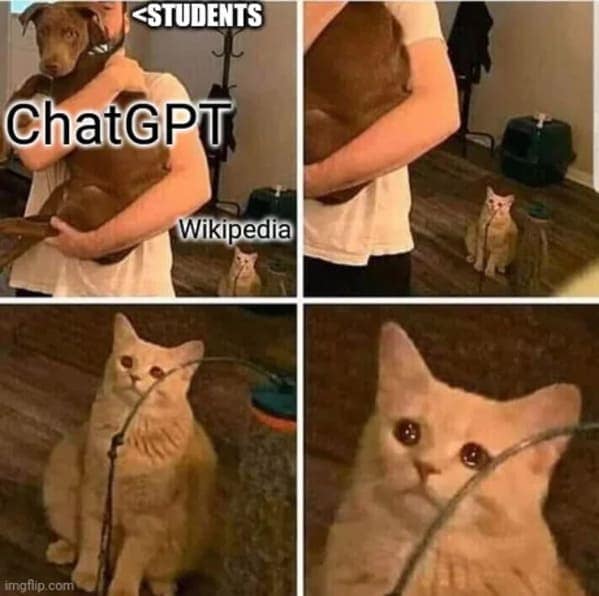 The ignored girlfriend meme format showing students loving ChatGPT and ignoring their old faithful, Wikipedia.