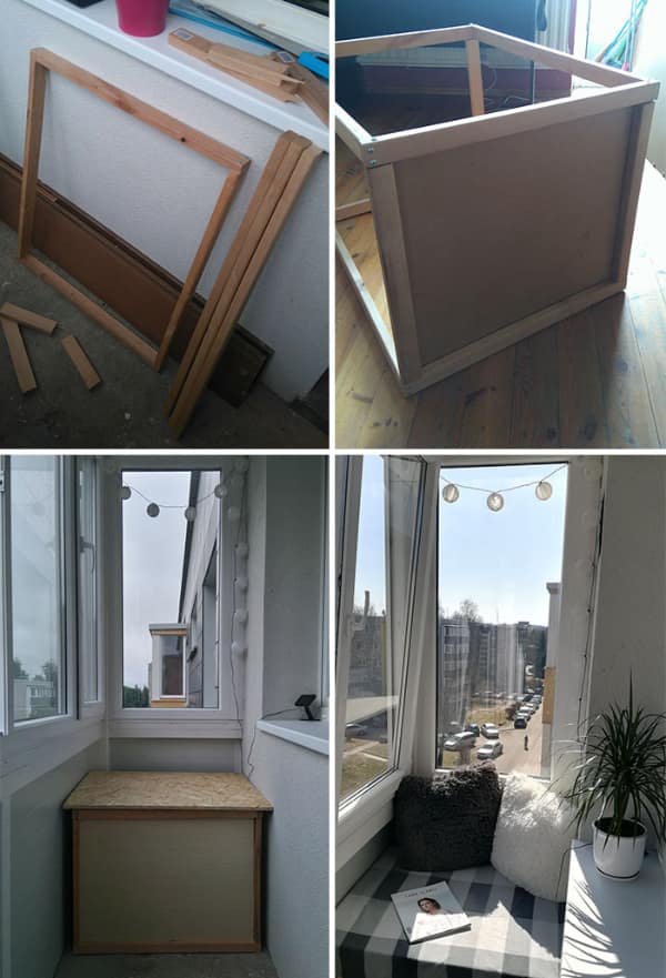 A four-panel image showing the process of building a balcony reading nook, a great home improvement DIY win.