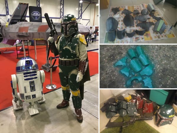 A collage showing an impressive homemade Boba Fett cosplay, a true Star Wars DIY win.
