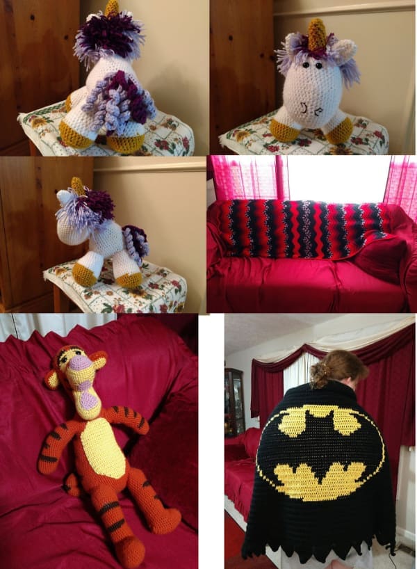 A collage of impressive crocheted creations including a unicorn and Batman blanket, showing amazing DIY wins.