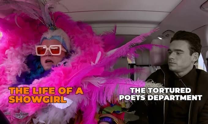 A funny Taylor Swift meme comparing the vibe of her new album "The Life of a Showgirl" to her previous album.