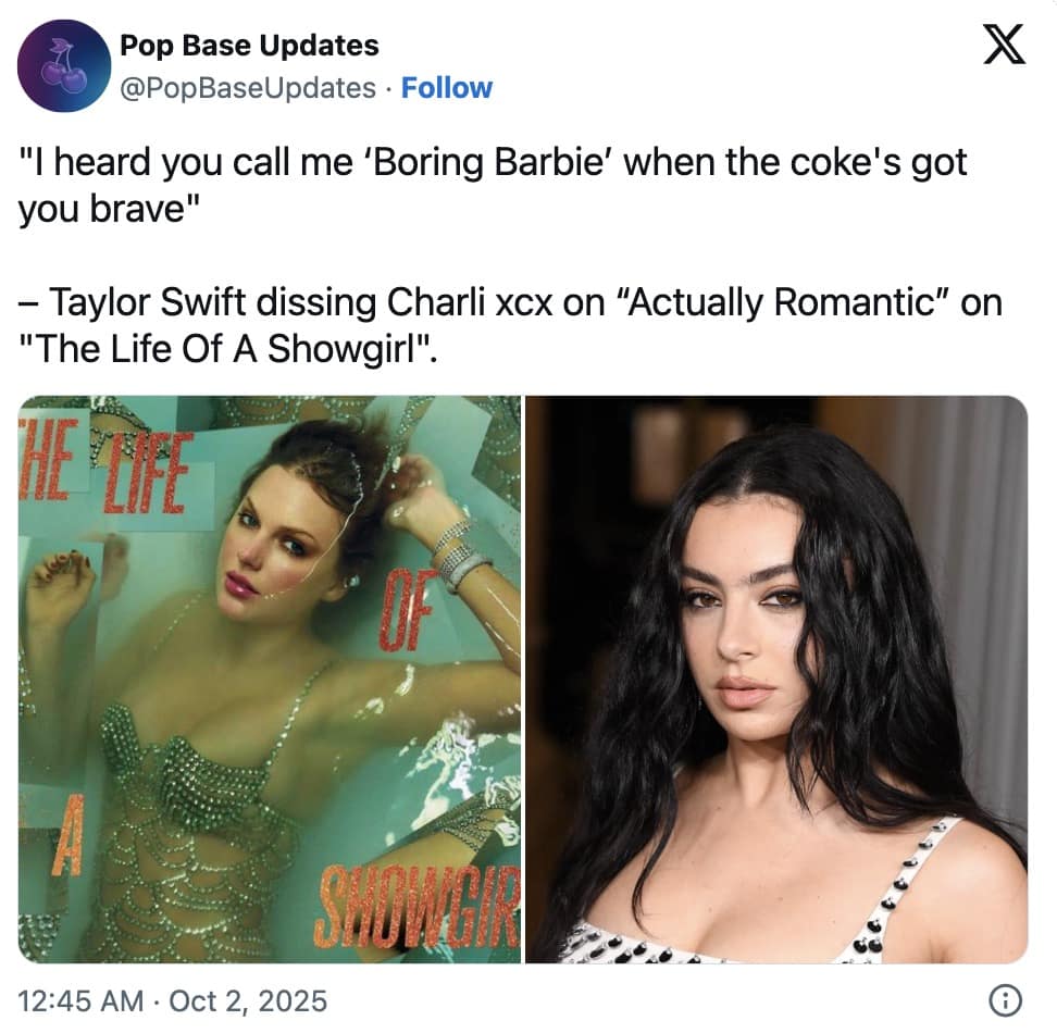 A Taylor Swift meme showing a gossip tweet that claims she is dissing the singer Charli XCX on her new album.