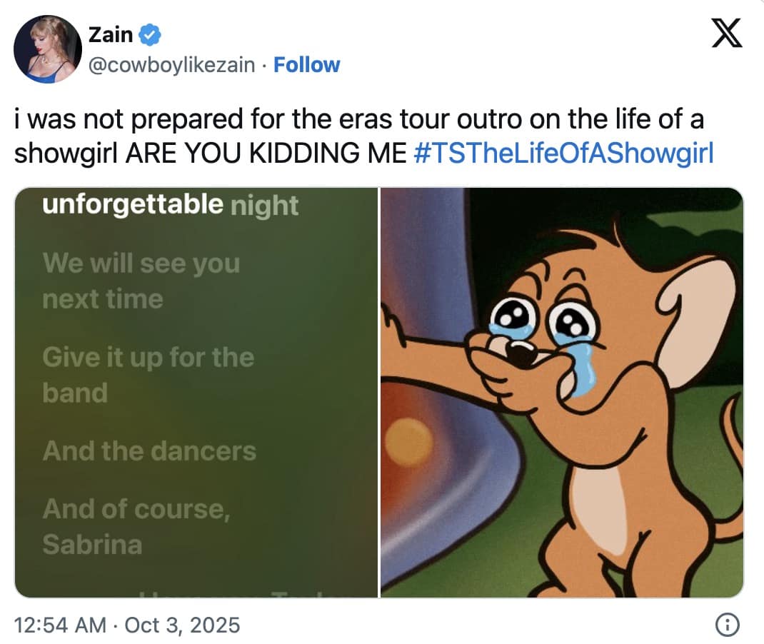 A Taylor Swift meme of a crying Jerry from Tom and Jerry, reacting to the emotional Eras Tour outro on the new album.