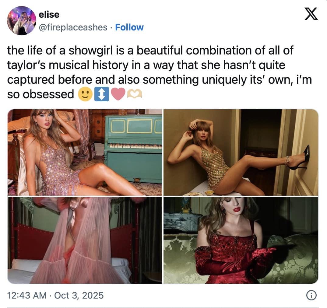 A Life of a Showgirl meme praising the new Taylor Swift album for combining all of her previous musical eras into one.