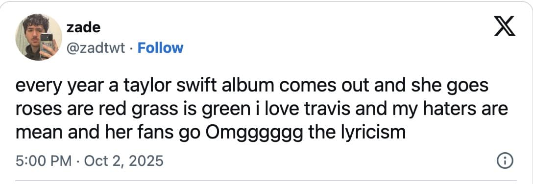 A funny Taylor Swift meme from a hater, roasting her songwriting as being overly simplistic.