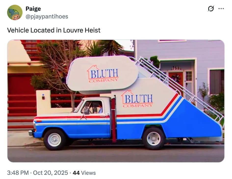 A funny Louvre heist meme joking that the Bluth Company stair car from Arrested Development was the getaway vehicle