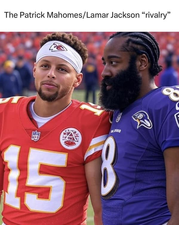A funny NFL meme that uses NBA stars Steph Curry and James Harden to explain the Patrick Mahomes/Lamar Jackson rivalry.