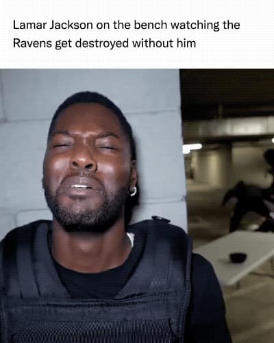 An NFL meme showing a man crying, meant to represent Lamar Jackson watching the Ravens lose badly without him.