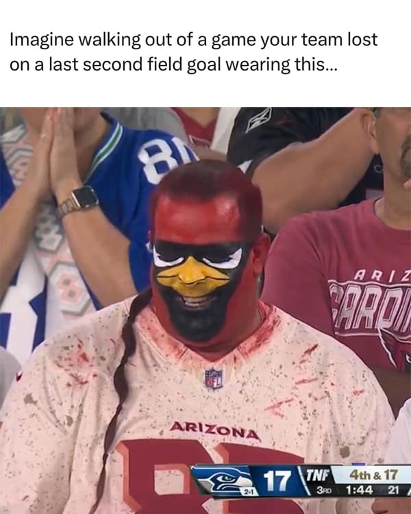 A football meme showing an Arizona Cardinals fan in full, elaborate face paint looking sad after a tough loss.
