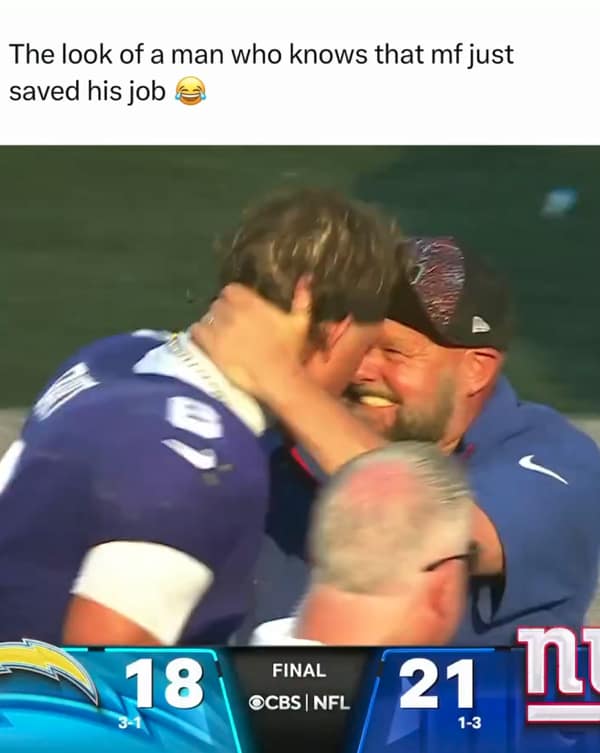 An NFL meme of coach Brian Daboll hugging Daniel Jones with a caption about the player saving his job.