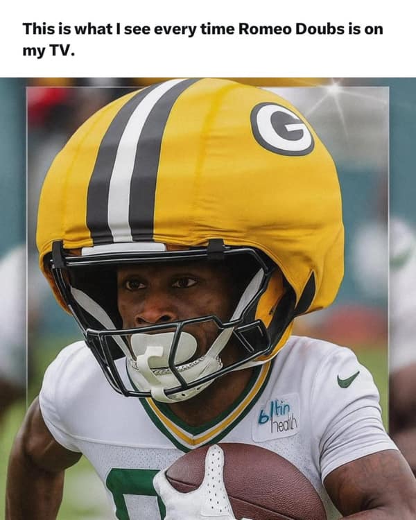 An NFL meme showing Green Bay Packers player Romeo Doubs with a comically oversized, photoshopped helmet.