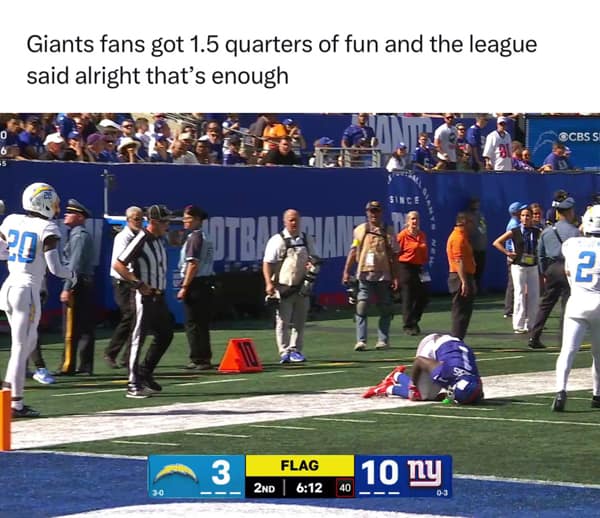 An NFL meme about New York Giants fans only getting to experience 1.5 quarters of fun before an inevitable injury.