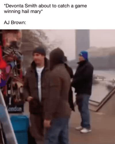 A hilarious and absurd NFL meme using the "man getting hit by a fish" clip to represent AJ Brown's reaction to a teammate's catch.