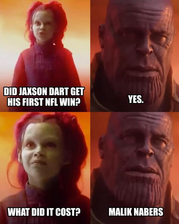 An NFL meme using the Thanos "What did it cost?" format to describe a rookie QB's first win costing an injury to a star player.