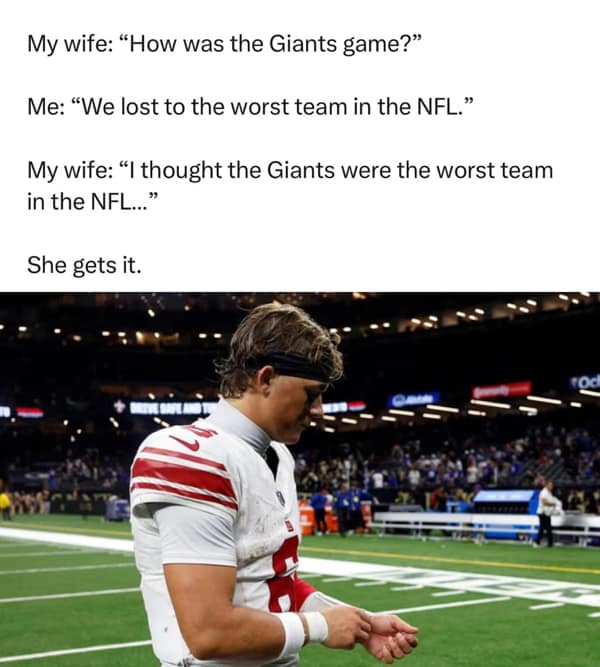 A funny NFL meme showing a sad Daniel Jones with a text exchange where a wife roasts the New York Giants.