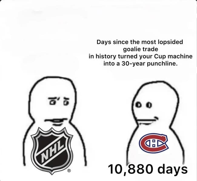 A sad NHL meme for Montreal Canadiens fans, marking the number of days since the infamous Patrick Roy trade.