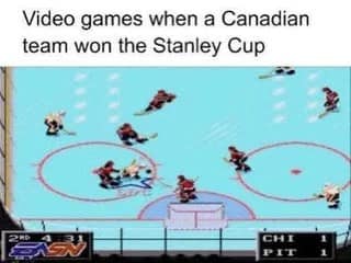A hockey meme showing a screenshot from a 16-bit video game, representing the last time a Canadian team won the Stanley Cup.