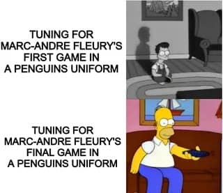 A Simpsons hockey meme showing the passage of time for fans who watched Marc-Andre Fleury's entire Penguins career.