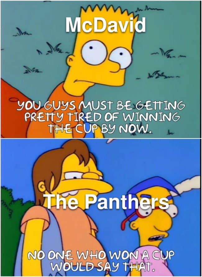 A Simpsons NHL meme referencing the 2024 Stanley Cup Final between Connor McDavid and the Florida Panthers.