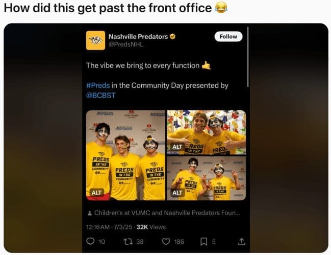 An NHL meme showing a Nashville Predators tweet of their players in face paint at a community day event.