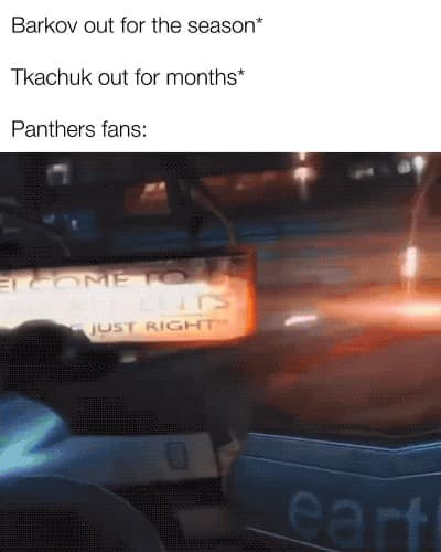 A dark humor NHL meme showing the reaction of Florida Panthers fans as their star players get injured to start the season.