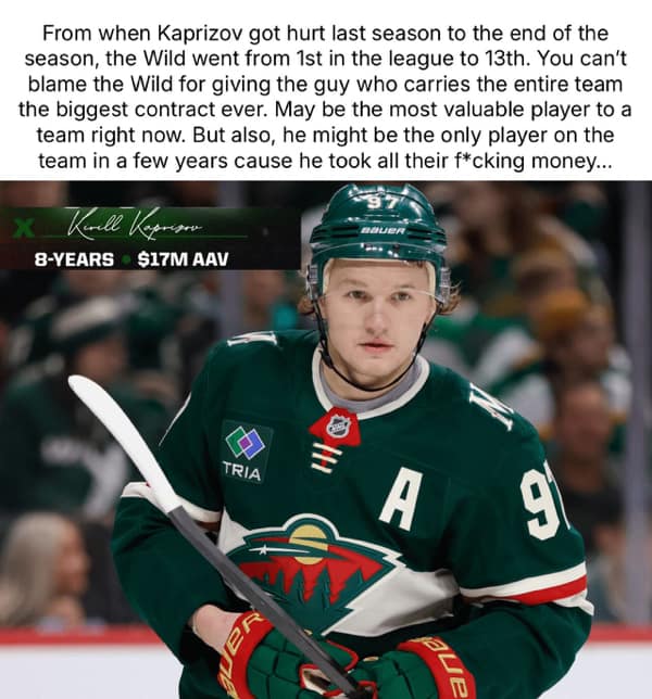 An NHL meme discussing the massive contract of Minnesota Wild star Kirill Kaprizov and its impact on the team.
