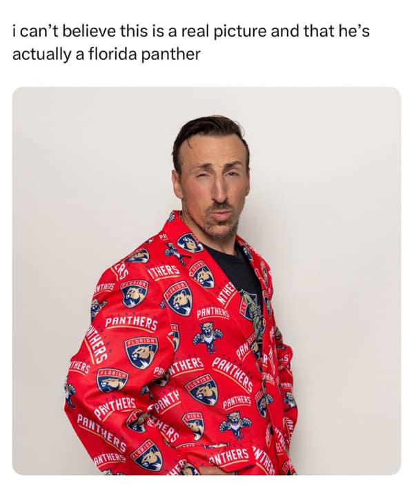 A funny NHL meme of Florida Panthers player Brad Marchand wearing a very loud, branded team suit jacket.