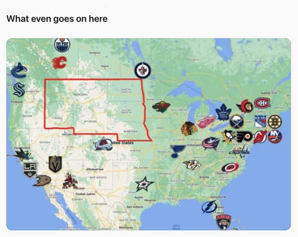 A funny hockey meme showing a map of North America with a large, team-less void outlined in the middle.