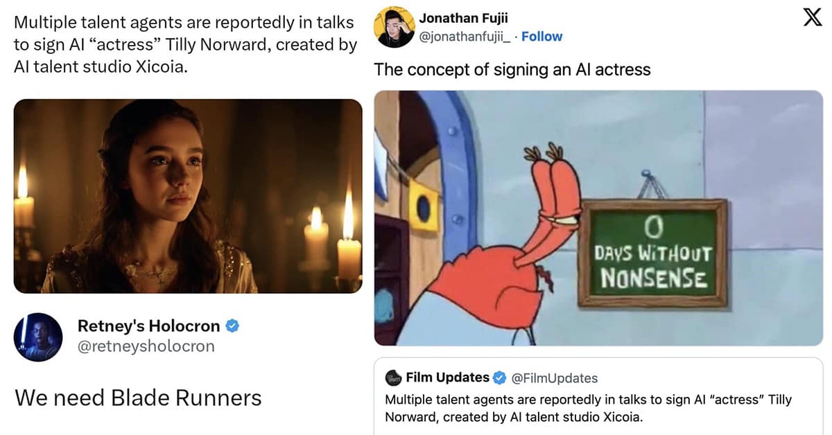 A gallery of the best Tilly Norwood memes reacting to the controversial new AI actress.